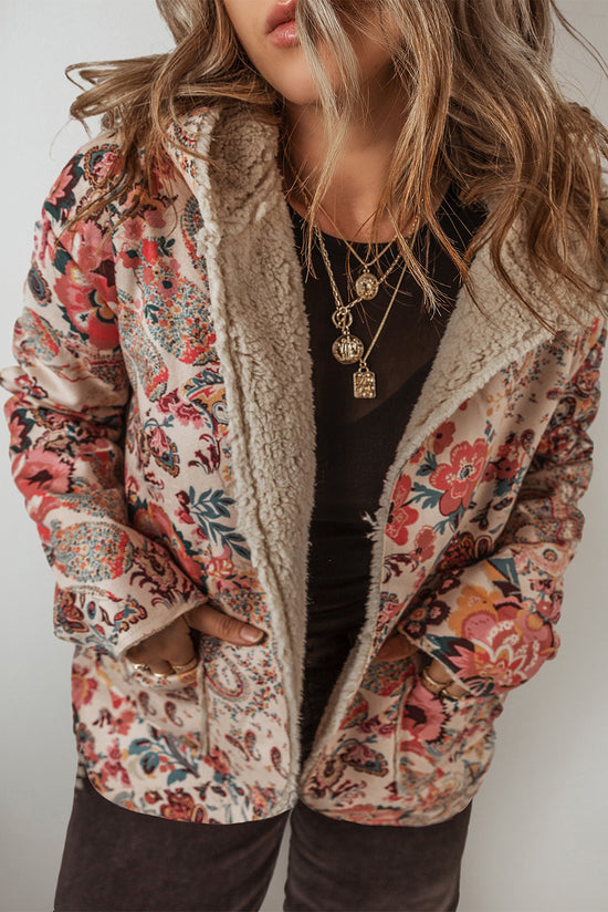 Veste à capuche beige doublée en sherpa imprimé floral vintage Paisley