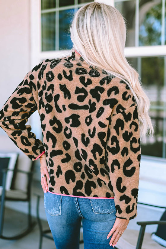 Leopard Color Block Zip-Up Pocket Plush Fleece Jacket