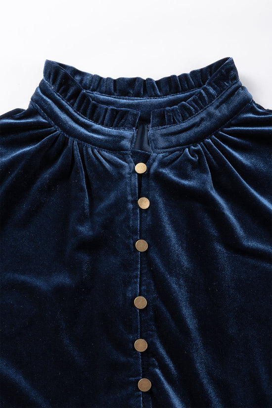 Navy blue velvet buttoned on the front at the flying collar