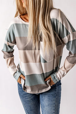 Green Color Block Long Sleeve Ribbed Top with Pocket