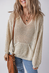Pull à capuche avec poche kangourou ajourée et col en V