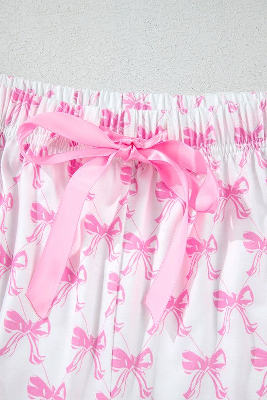 Pink pajama set printed bow tie with short sleeves and ruffle shorts for Valentine's Day