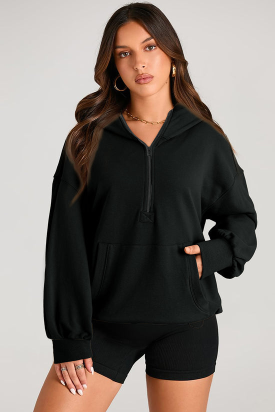 Black Solid Oversized Hoodie with Kangaroo Pocket and Half Zip