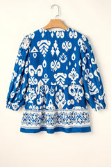 Chemisier coupe fluide à manches 3/4 et imprimé géométrique tribal bleu-A WOMAN WE LOVE