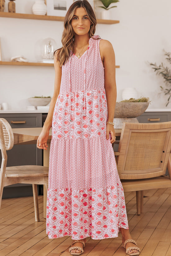 Long dress without sleeve with split and abstract pink print