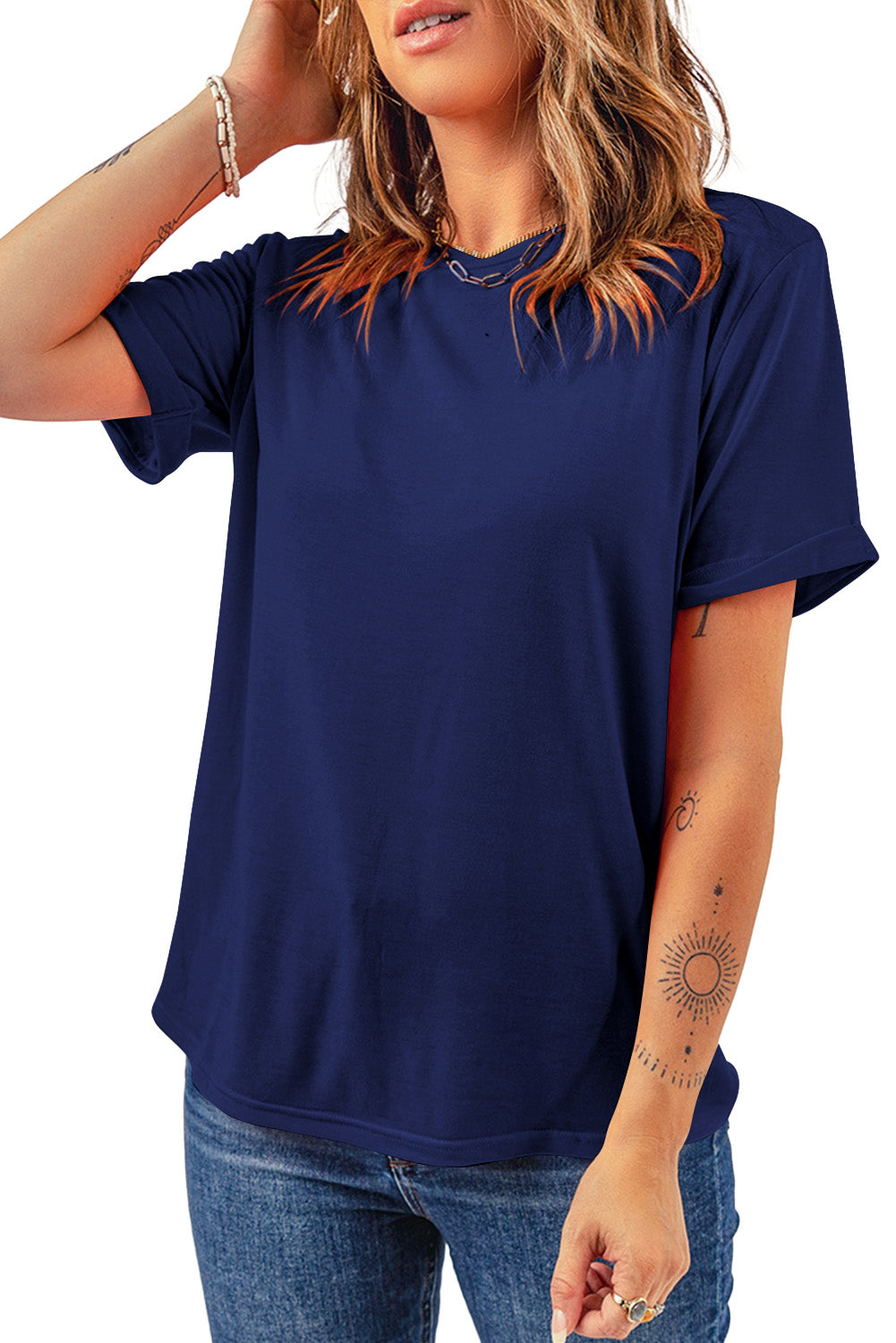 Blue Casual Plain Crew Neck Tee