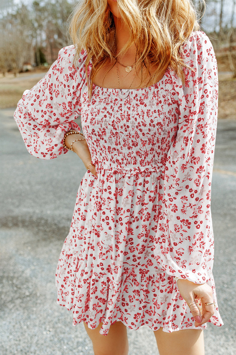 Mineral Red Floral Smocked Puff Sleeve Boho Mini Dress