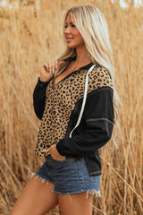 Sweat-shirt zippé imprimé léopard à coutures contrastées