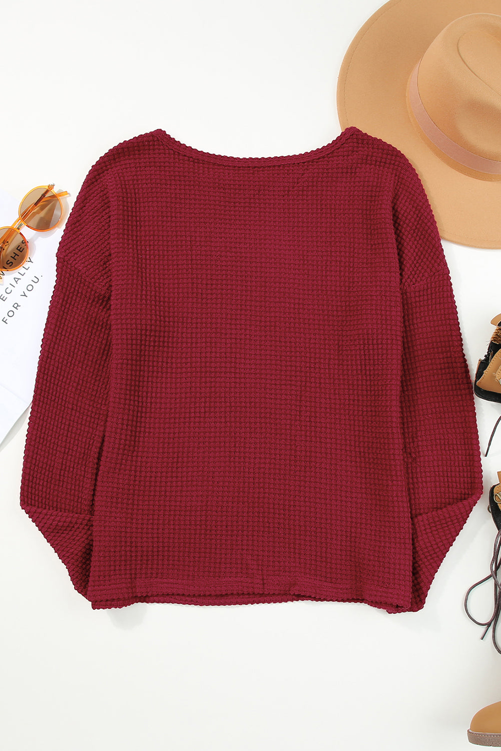 Fiery Red Waffle Knit Drop Show Sleeve Long Top