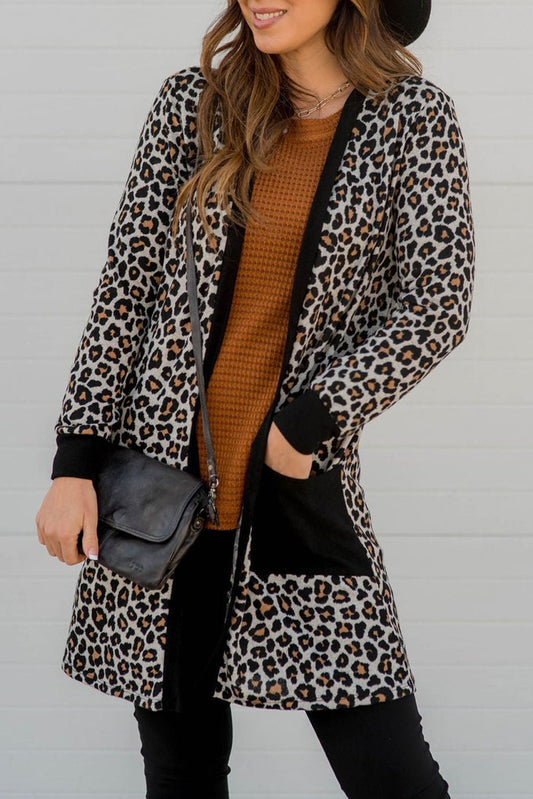 Black open front cardigan with patch pocket and leopard print