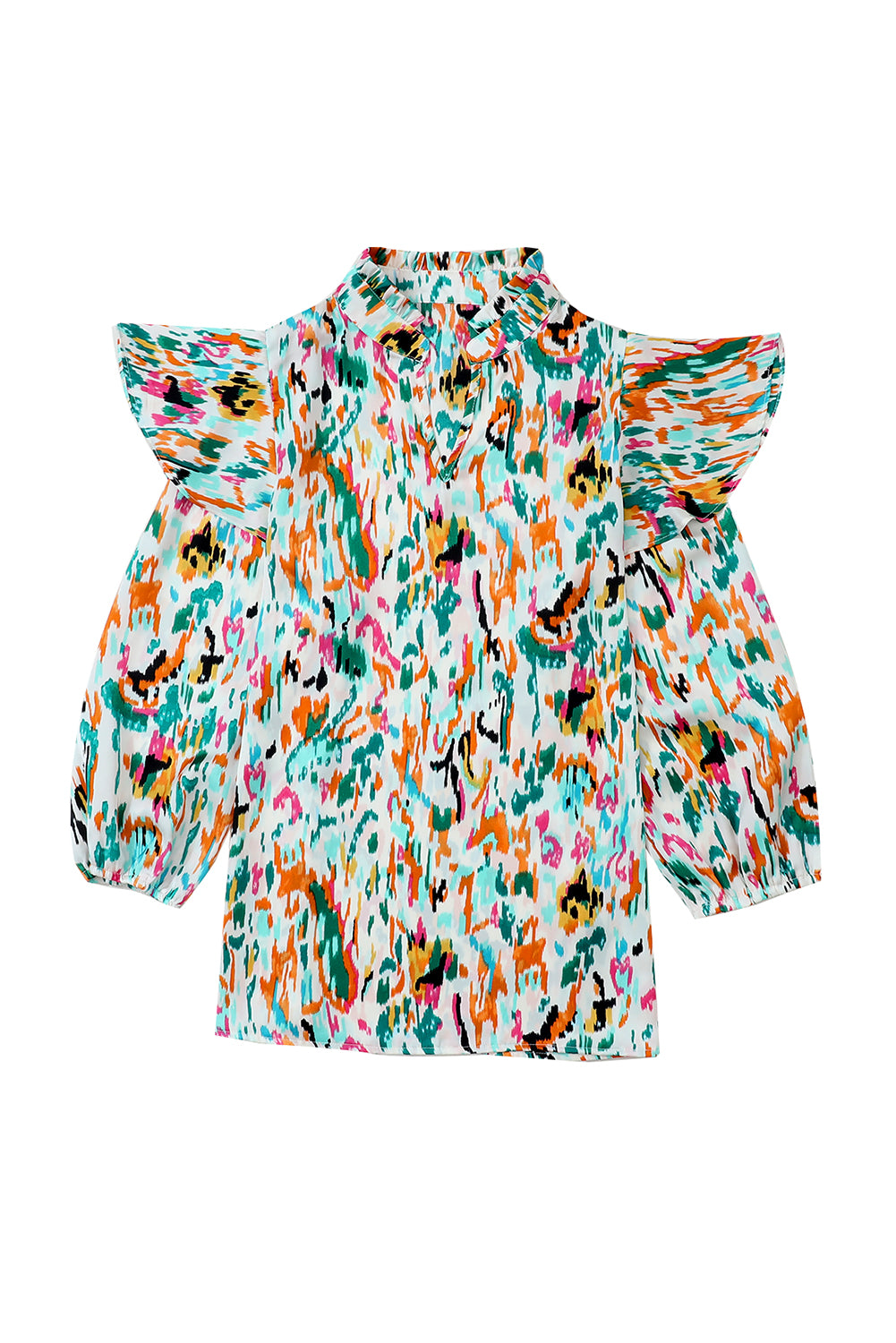 Imprimé abstrait multicolore 3/4 Blouse à volants à manches bouffantes