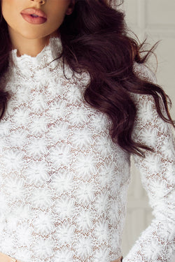 White long sleeve high neck floral lace top