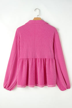 Babydoll bright pink blouse in V -neck and bubble sleeves