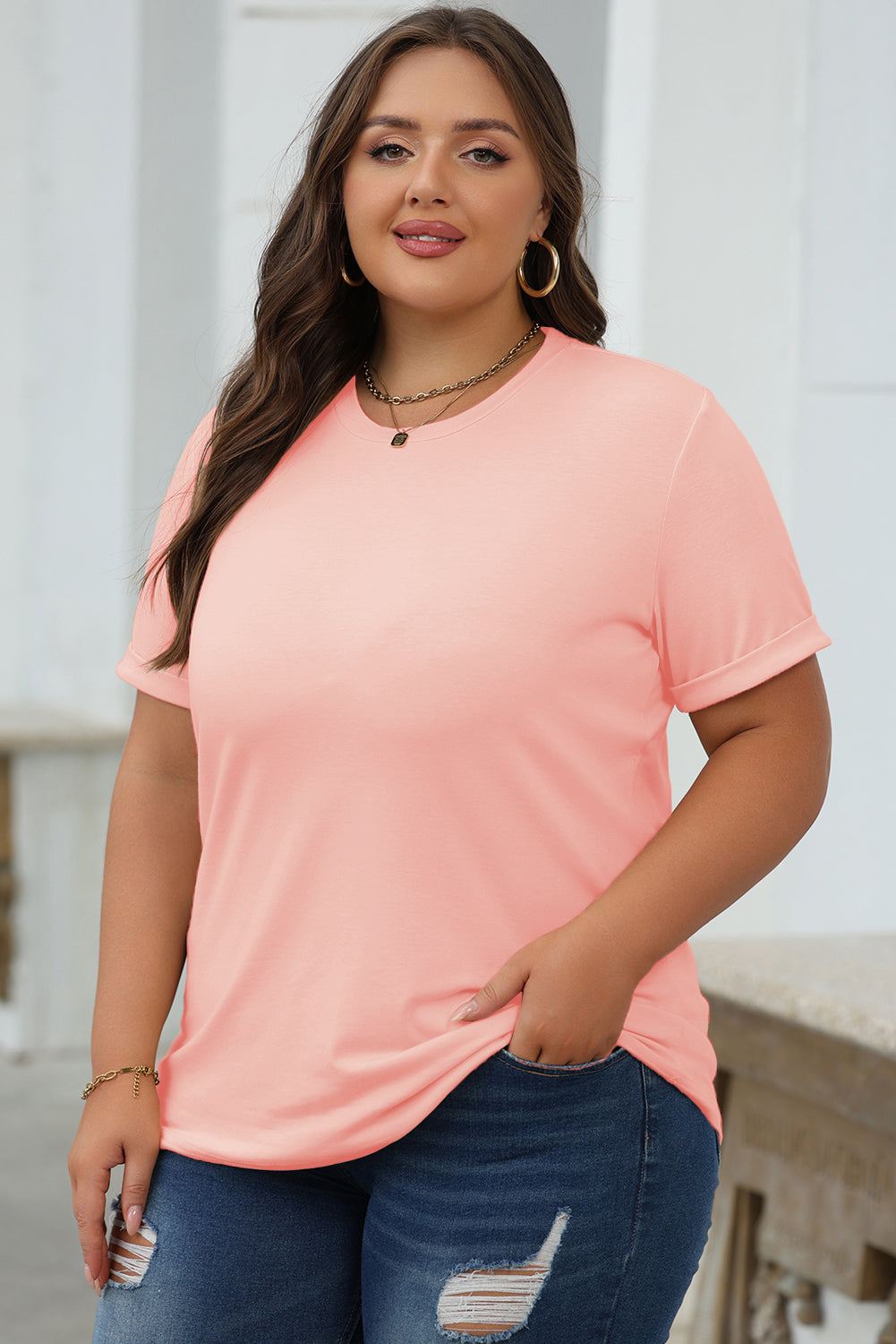 Camiseta rosa casual de color redondo