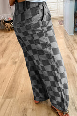 Dark Grey Plaid Denim Wide Leg Jeans
