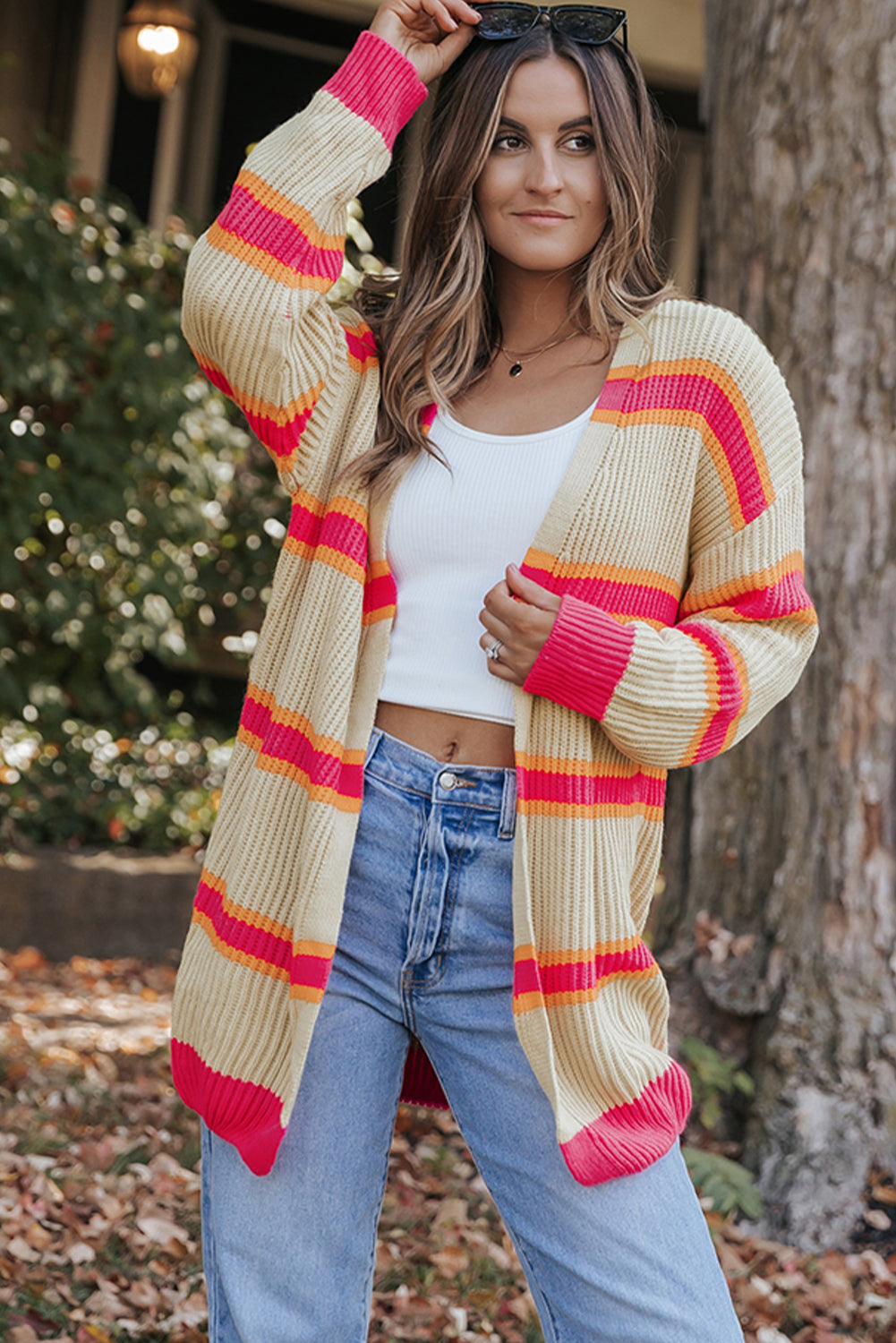 Cardigan long tricoté côtelé imprimé à rayures-A WOMAN WE LOVE