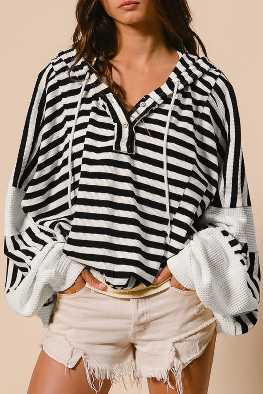 Black white Oversized Striped Henley Buttons Dolman Sleeve Hooded Top