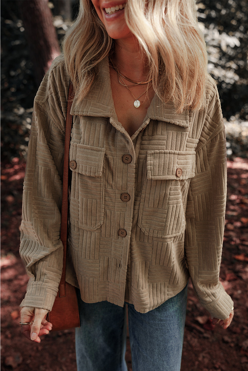 Dark khaki buttoned jacket with textured chest pocket