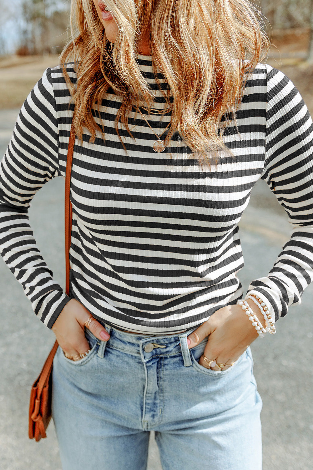 Black Striped Textured Knit Long Sleeve T-Shirt