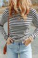 Black Striped Textured Knit Long Sleeve T-Shirt