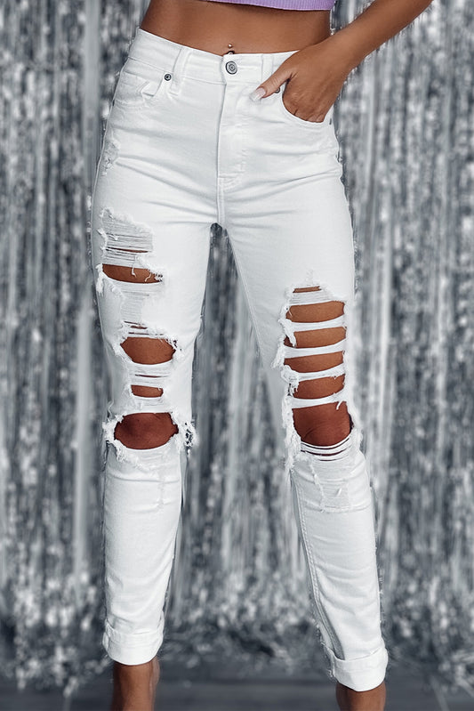 White Distressed Ripped Holes High Waist Skinny Jeans