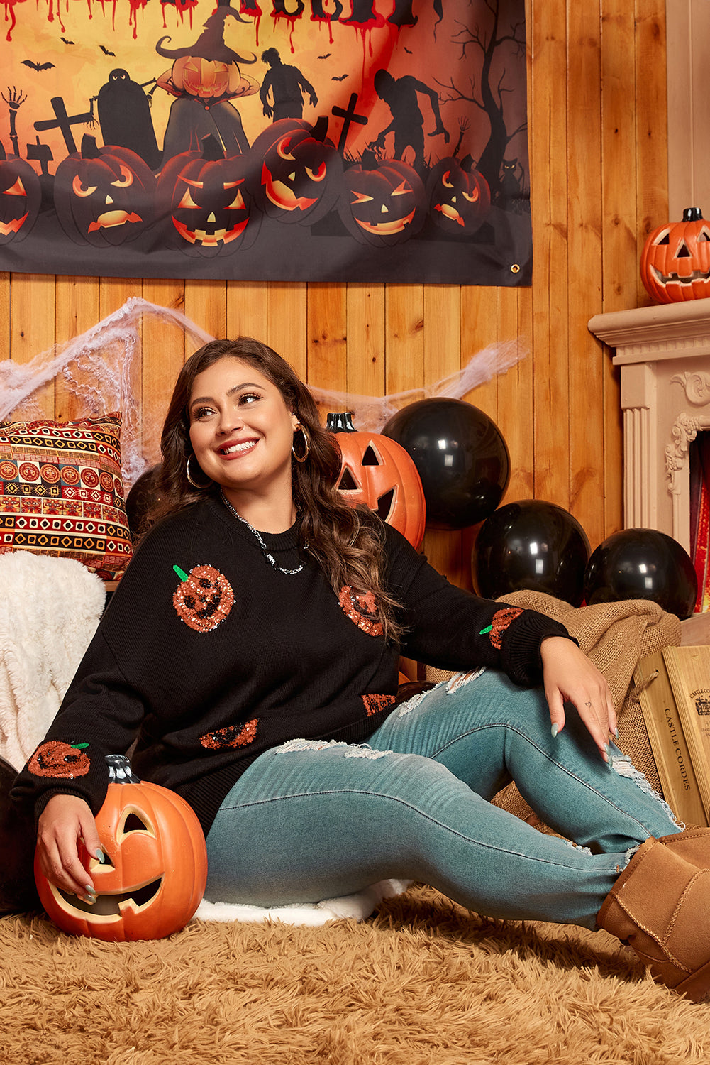 Plus Size Black Halloween Sequin Pumpkin Pattern Sweater