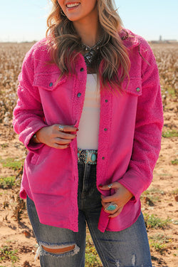 Hot Pink Faux Suede Patchwork Sherpa Button Down Jacket