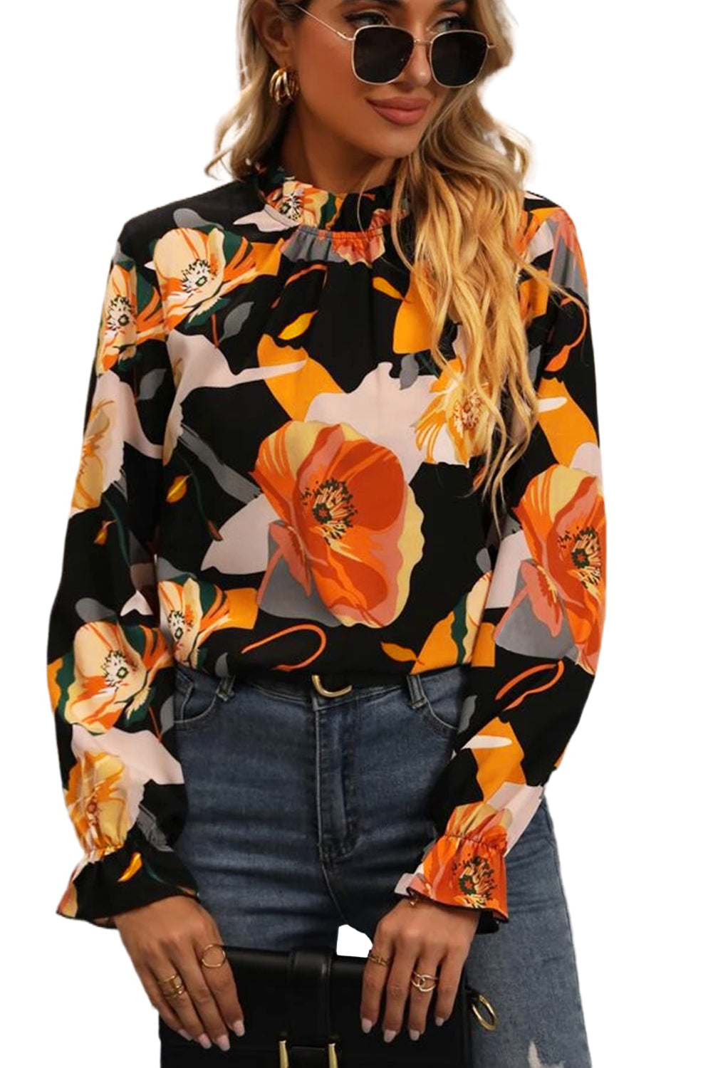 Blouse de cou de cou à imprimé floral noir