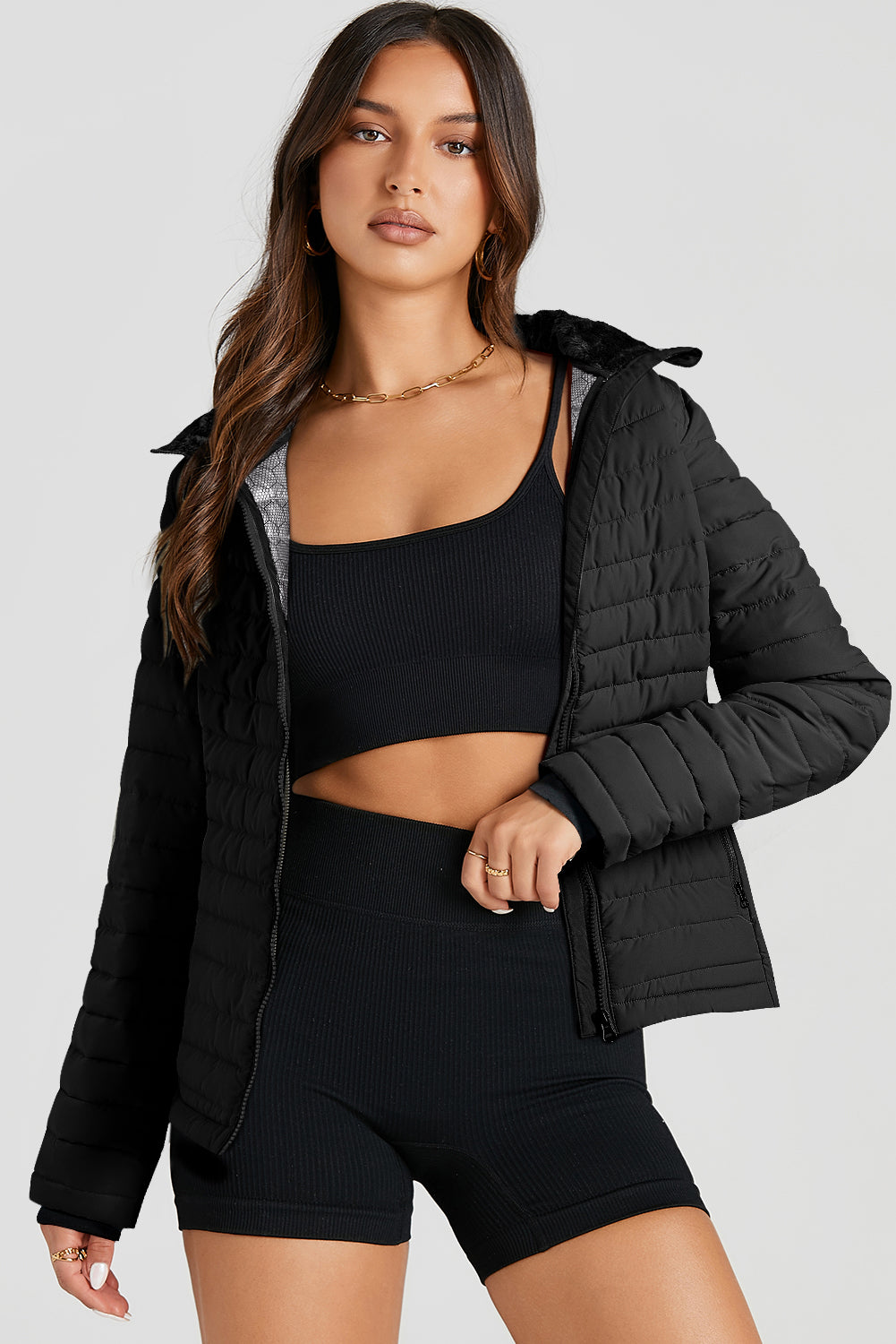 Veste bouffante à zip-up matelassée en couleur noire