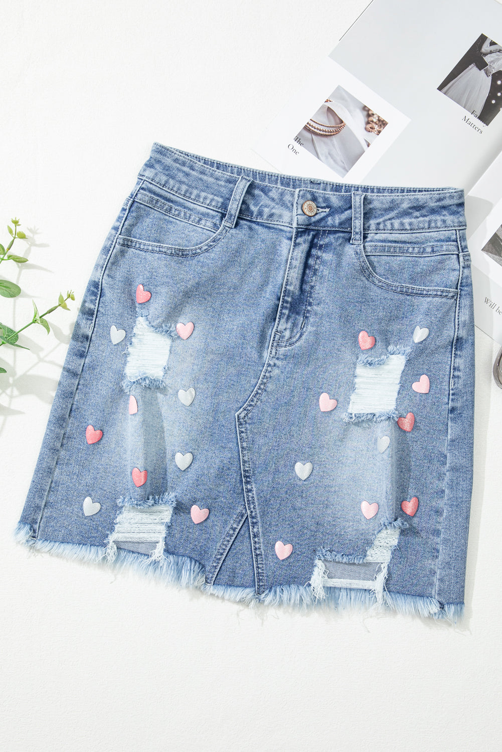 Beau Blue Shimmer Heart Motif Minim Mini jupe de jean en détresse