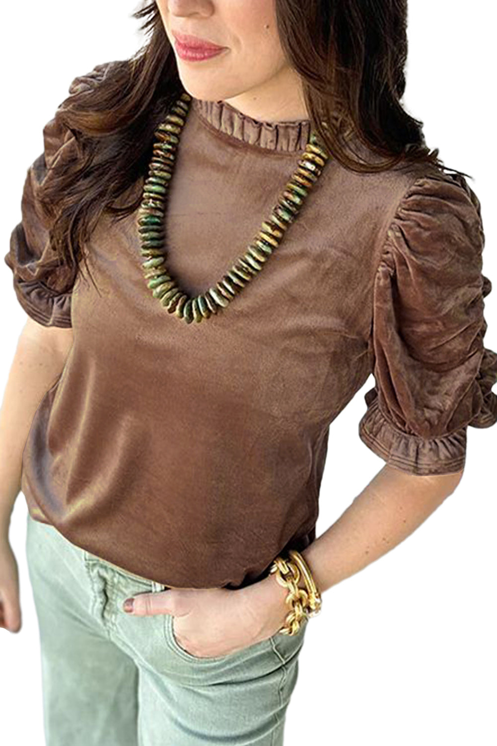 Camel Ruffen Arm Velvet Top