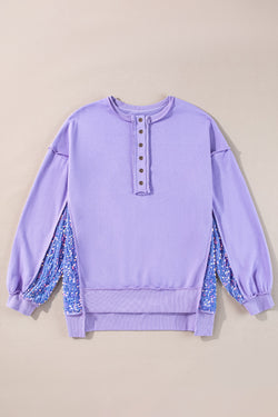 Lilac Sequin Henley Sweatshirt with High Low Hem