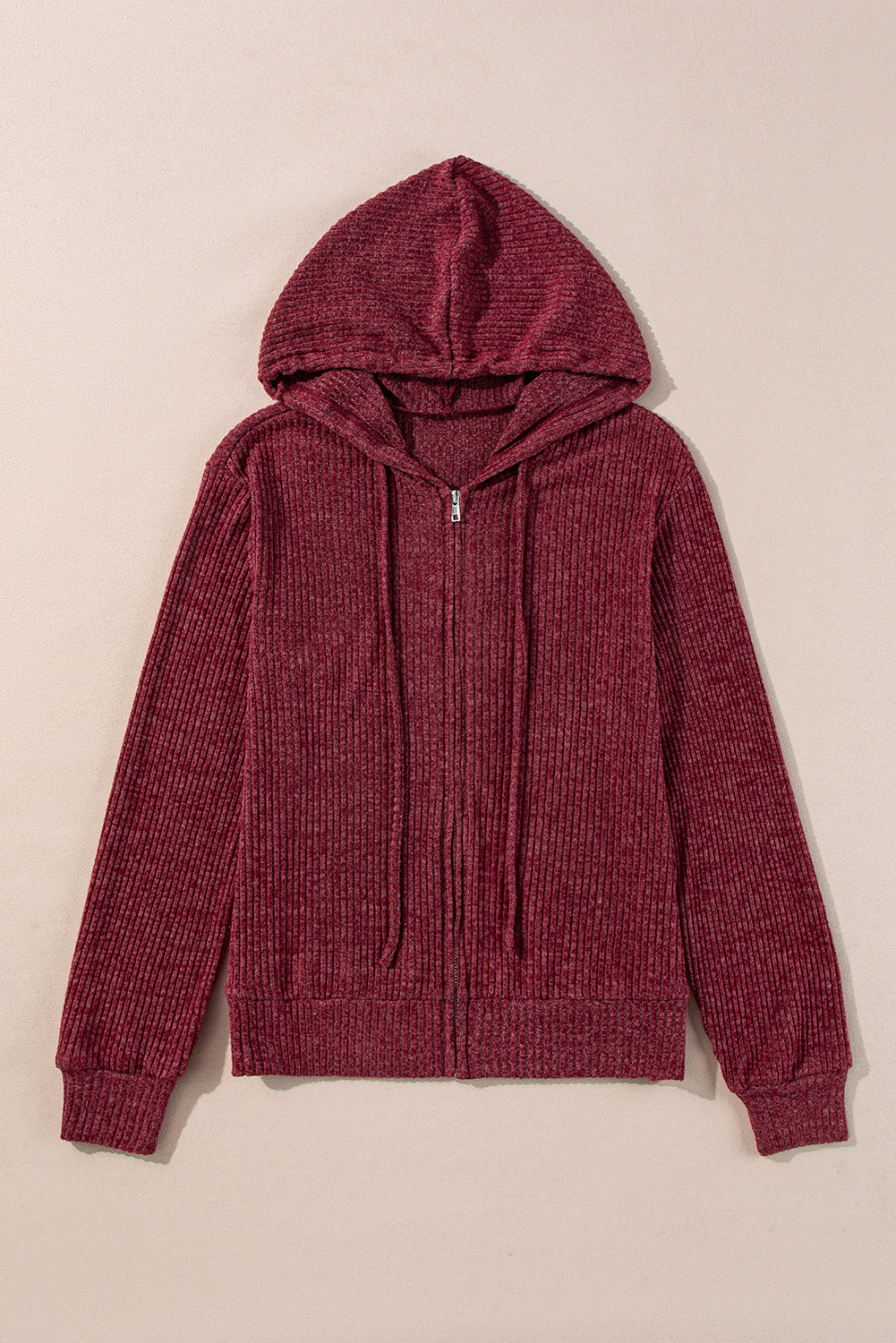 Red Dahlia Ribbed Zip Up Front Drawstring Hoodie