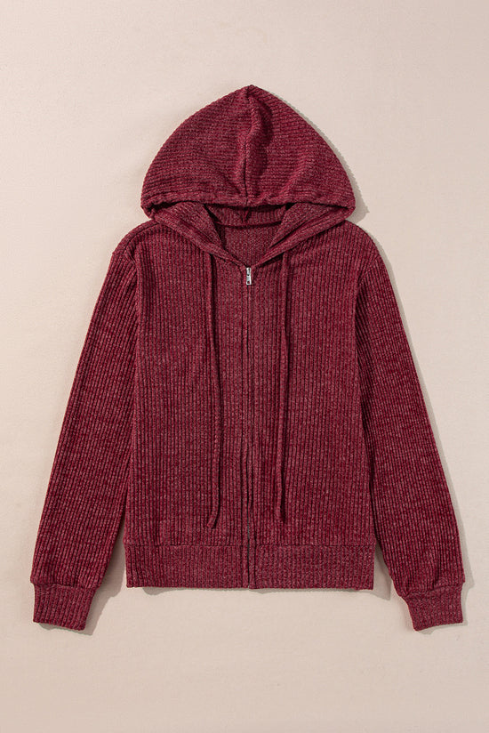 Dahlia Red Ribbed Drawstring Hoodie with Zip Front