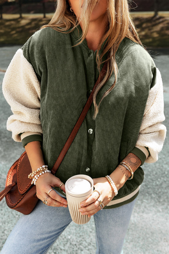 Blouson aviateur boutonné en velours côtelé vert brume-A WOMAN WE LOVE