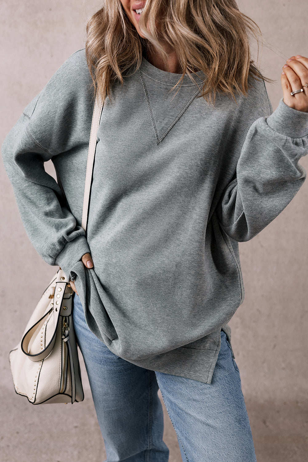 Sweat-shirt oversize gris moyen à épaules tombantes et fente latérale