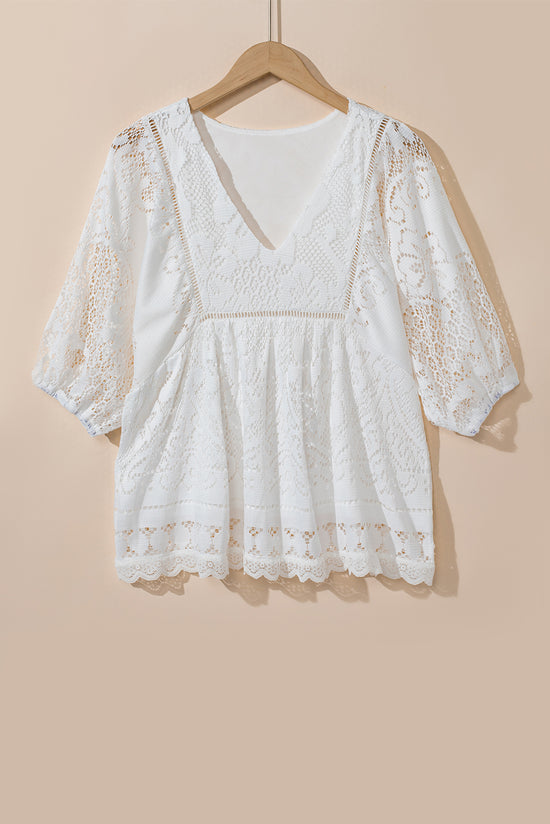 White Blouse with V -neck and screaming hem hollowed out with lace hook