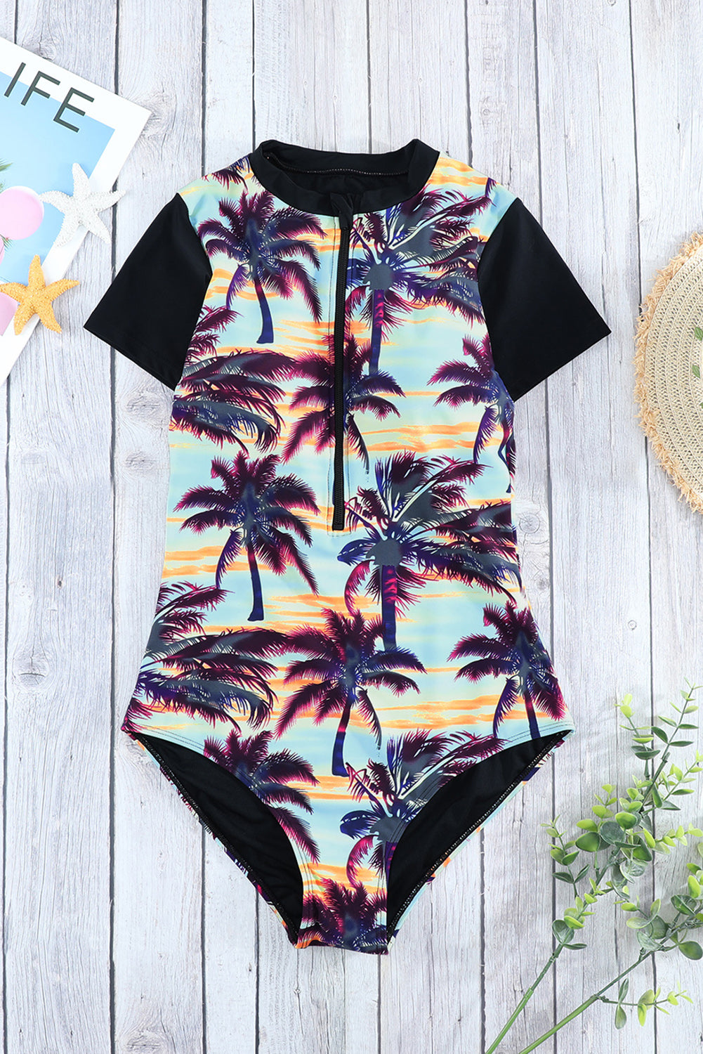 Beach Sunset Zip Front Half Sleeve One Piece Mains de maillot