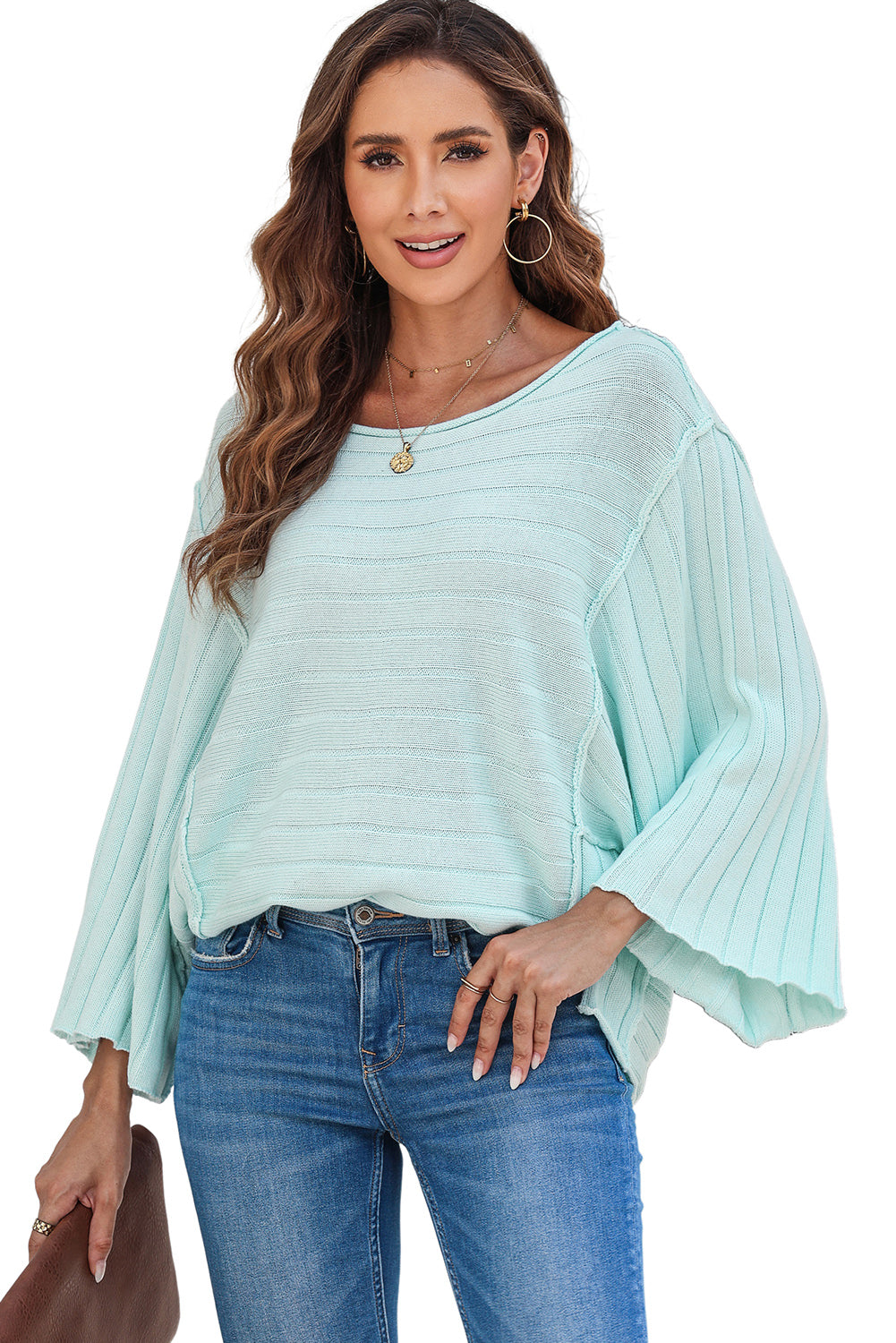 Green Exposed Seam Ribbed Knit Dolman Top