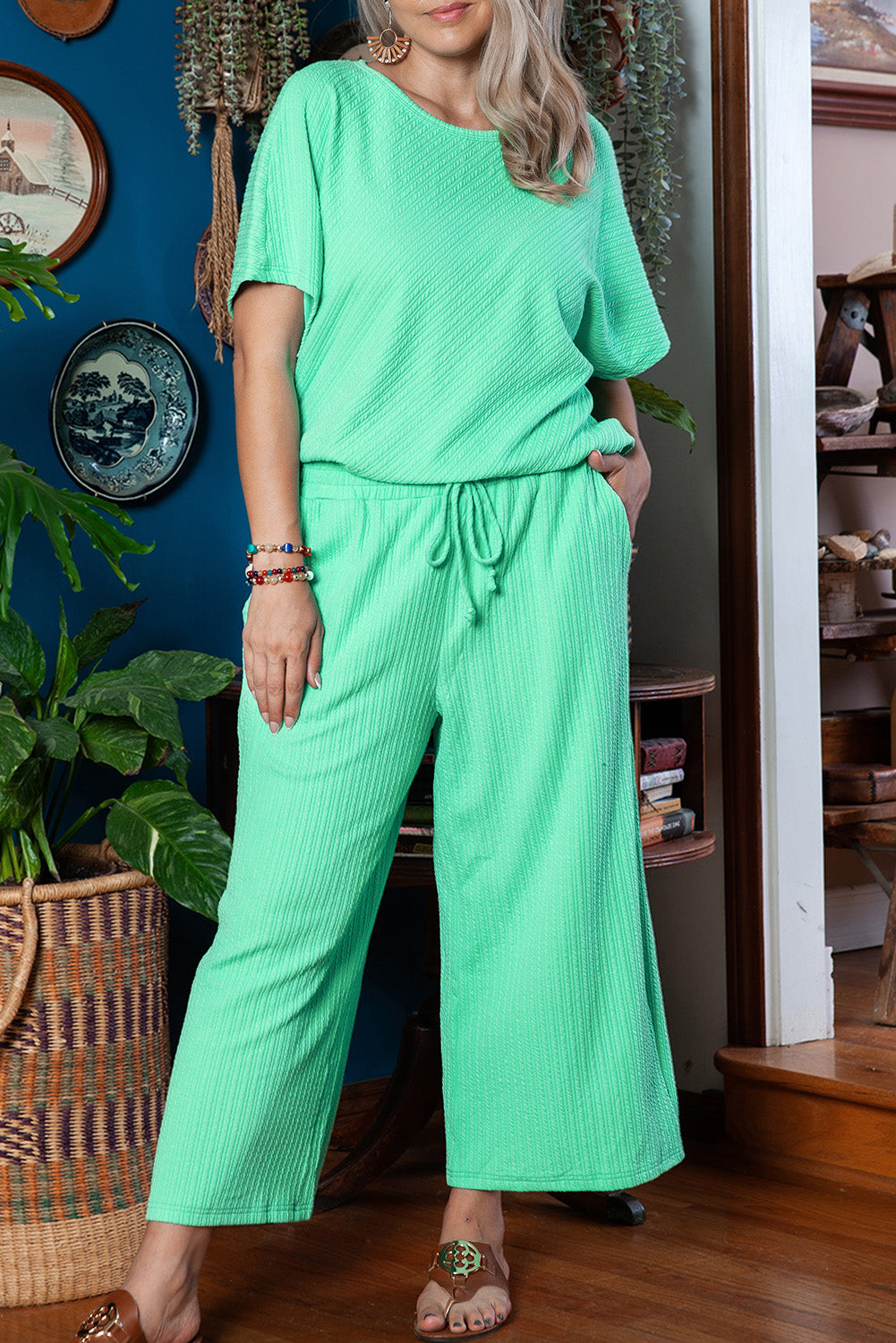 Mint Green Textured Batwing Sleeve T-Shirt and Wide Leg Pants Set Plus Size