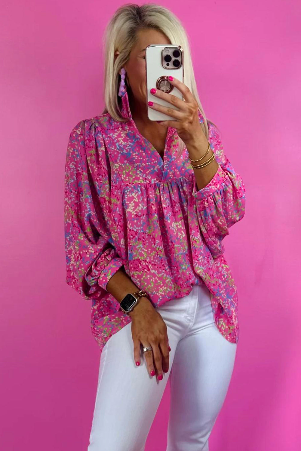 Bonbon Stampa astratta con colletto a V Colled Vier Blouse