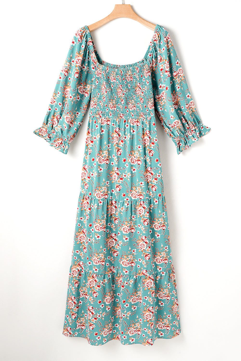 Robe longue smockée à imprimé floral et col carré de grande taille vert