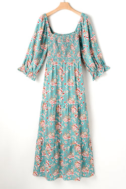 Smocked long dress with floral print and large green square collar