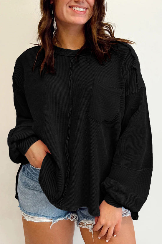 Plus Size Black Crinkled Patchwork Top with Exposed Seams