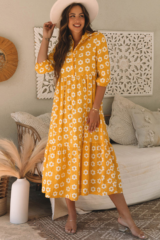 Vestido largo con collar y botones de manga pulsera y flores amarillas estampado