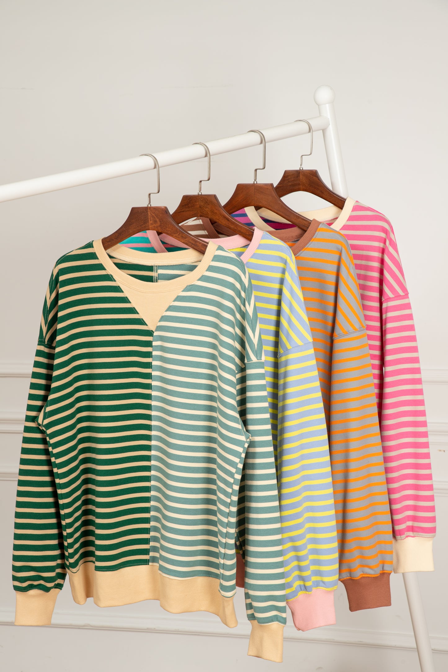 Stripe de franja marrón stripe colorblock caída de hombro sudadera de gran tamaño