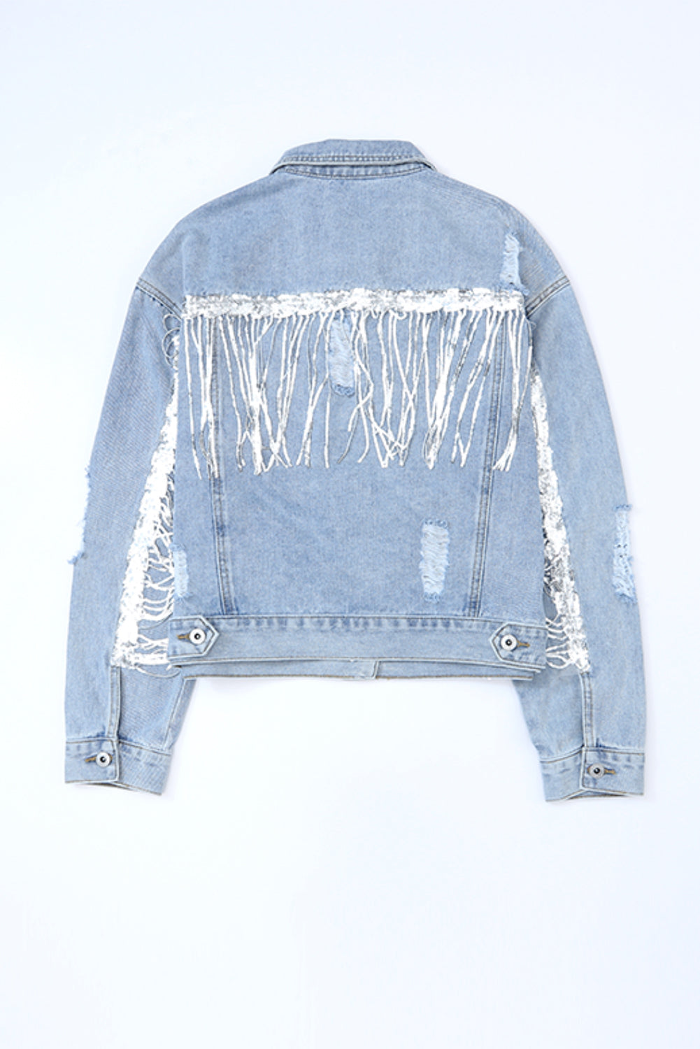 Sky Blue Sequin Embellie Fringe Dented Denim Veste