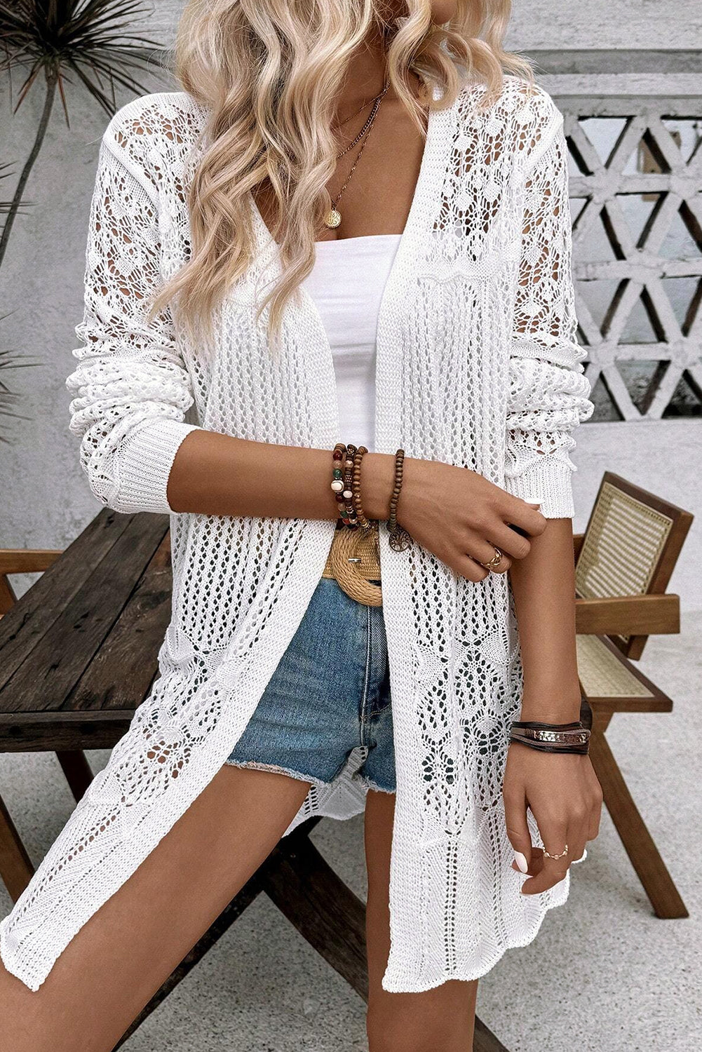 White open front crochet cardigan