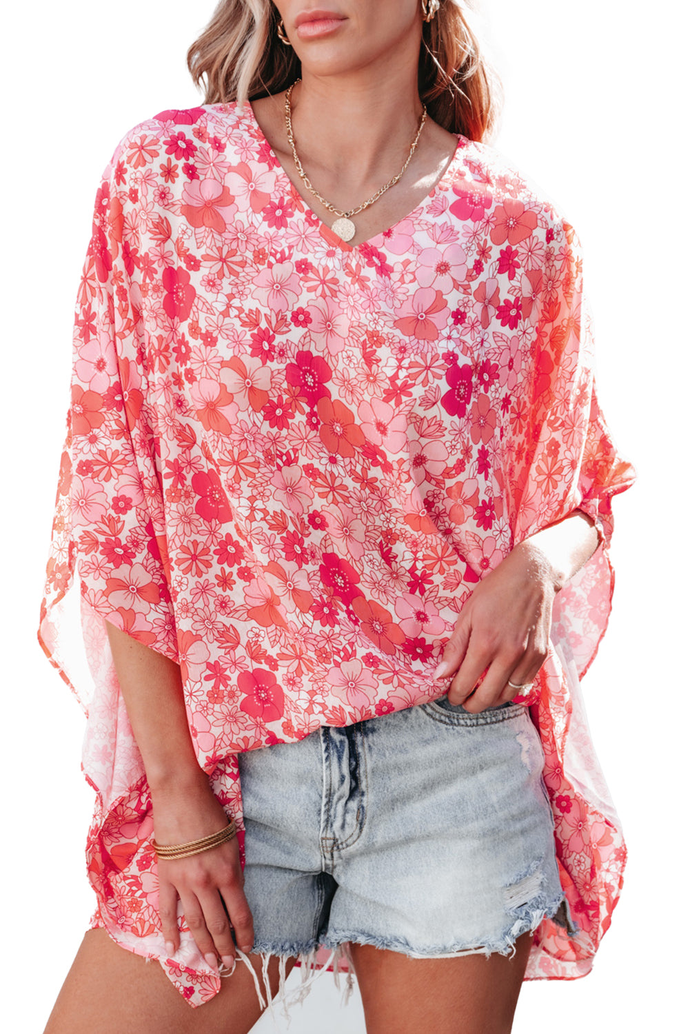 Chemisier de style kimono floral Boho Pink Boho