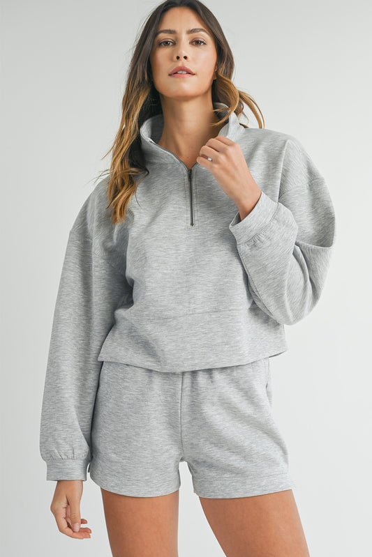 Hellgrau Ständer Hals Reißverschluss Sweatshirt und Shorts Set